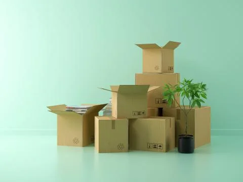 Interior with packed cardboard boxes for relocation 3D rendering Stock Illustration