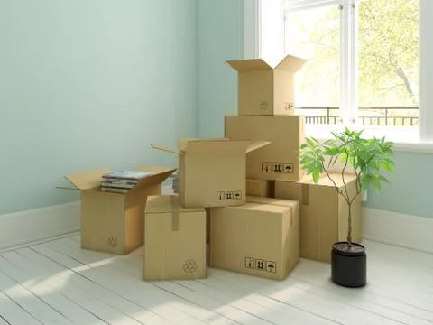 Interior with packed cardboard boxes for relocation 3D rendering Stock Illustration