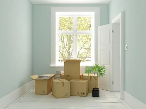 Interior with packed cardboard boxes for relocation 3D rendering Illustrazione stock