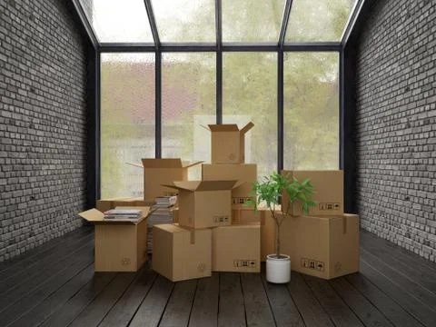 Interior with packed cardboard boxes for relocation 3D rendering Stock Illustration