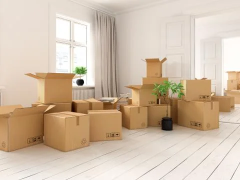 Interior with packed cardboard boxes for relocation 3D rendering Illustrazione stock
