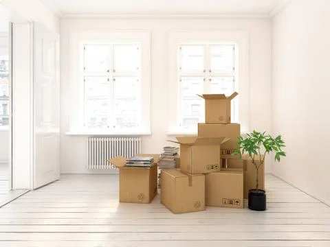 Interior with packed cardboard boxes for relocation 3D rendering Stock Illustration