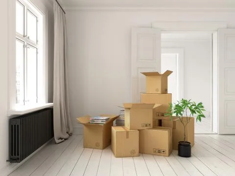 Interior with packed cardboard boxes for relocation 3D rendering Stock Illustration