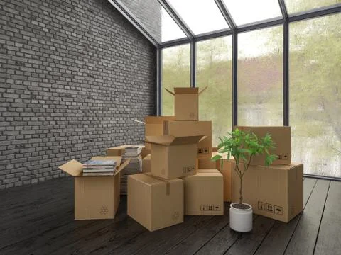 Interior with packed cardboard boxes for relocation 3D rendering Stock Illustration