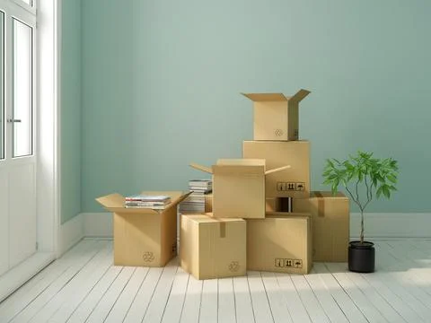 Interior with packed cardboard boxes for relocation 3D rendering Stock Illustration