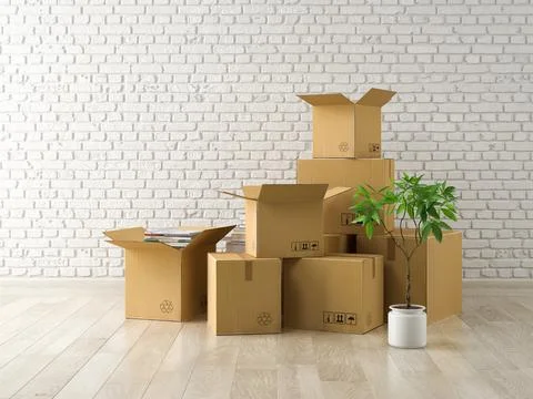 Interior with packed cardboard boxes for relocation 3D rendering Stock Illustration