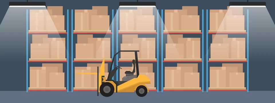 Interior panoramic boxes of vector warehouse with wide panorama Illustrazione stock