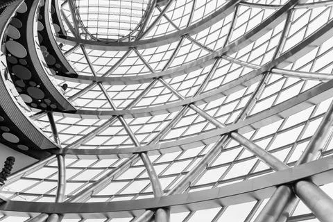 Interior, panoramic windows of round Nur-Alem Sphere futuristic building, roof Stock Photos