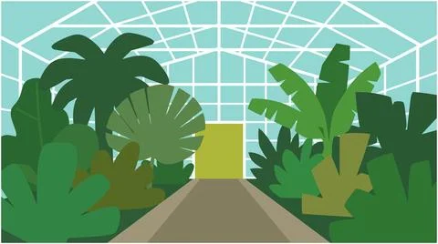 Interior path view through large glass greenhouse botanical garden with int.. Ilustración de archivo