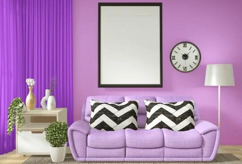 Interior poster frame mock up living room with purple wall andl white sofa. 3 Stock Illustration