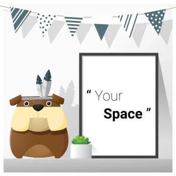 Interior poster mock up with empty frame and bulldog Stock Illustration