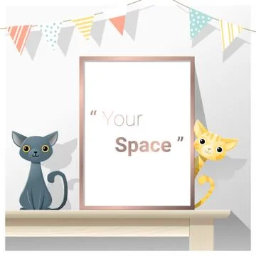 Interior poster mock up with empty frame and cats on wooden table Illustrazione stock