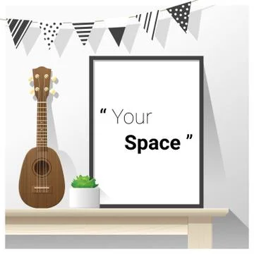 Interior poster mock up with empty frame and ukulele on wooden table Stock Illustration