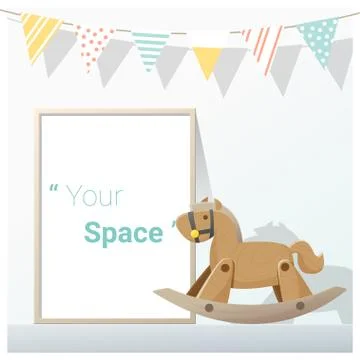 Interior poster mock up with empty frame and wooden rocking horse Stock Illustration