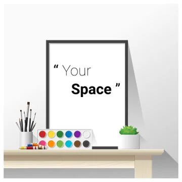 Interior poster mock up with empty frame and art supplies Stock Illustration