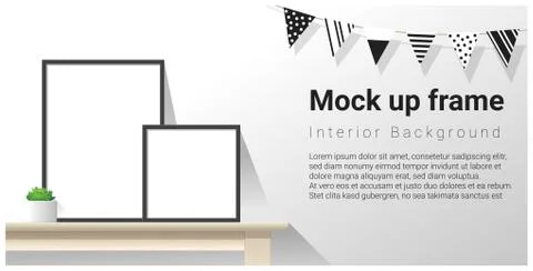 Interior poster mock up with empty frames on wooden table Illustrazione stock