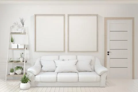 Interior poster mock up with  empty wooden frames, sofa, plant and lamp in em イラスト素材