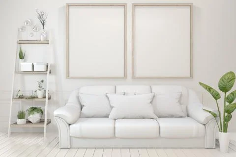 Interior poster mock up with  empty wooden frames, sofa, plant and lamp in em Illustrazione stock