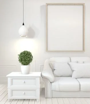Interior poster mock up with  empty wooden frames, sofa, plant and lamp in em Illustrazione stock