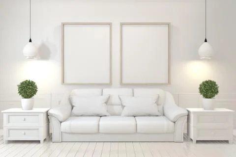 Interior poster mock up with  empty wooden frames, sofa, plant and lamp in em Illustrazione stock
