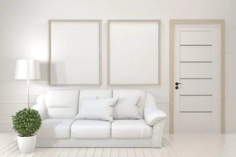 Interior poster mock up with  empty wooden frames, sofa, plant and lamp in em イラスト素材