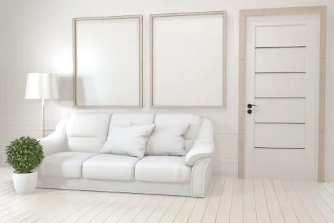 Interior poster mock up with  empty wooden frames, sofa, plant and lamp in em Illustrazione stock