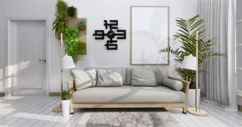 Interior poster mock up with frame, sofa, plant and lamp in living room zen s 库存插图
