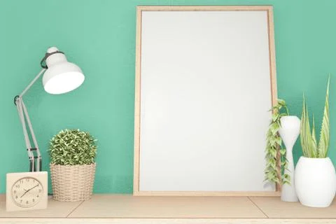 Interior poster mock up scene top table wooden and white picture for editing. Stock Illustration