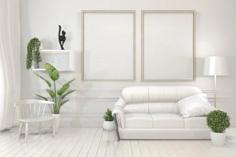 Interior poster mock up wooden frames, sofa, plant and lamp in living room wi Illustrazione stock
