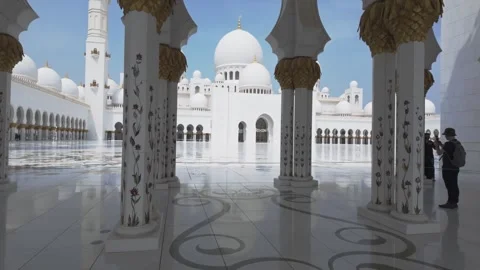Interior Prayer Hall with Marble Patterns at Sheikh Zayed Mosque Stock Footage 327330203