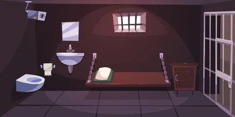 Interior of prison cell. Bed and toilet with sink. Cell interior with lattice Stock Illustration