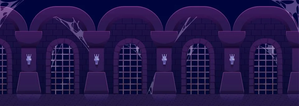 The interior of the prison has ancient stone walls and doors with bars and Ilustración de archivo