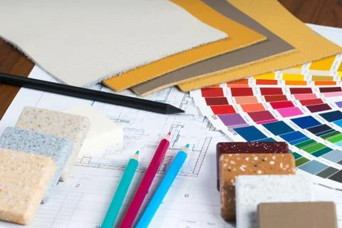 Interior project with palette, material samples, pencils Stock Photos