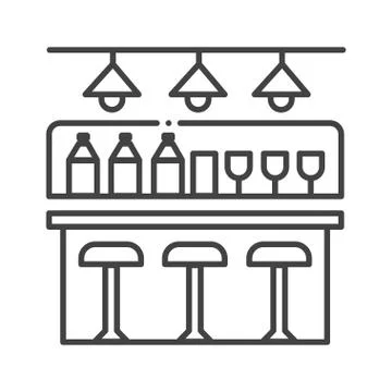 Interior of pub, cafe or bar black line icon. Bar counter, chairs and shelves Stock Illustration