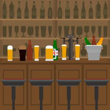 Interior of pub, cafe or bar with counter, glasses of beer, beer pump. Stock Illustration