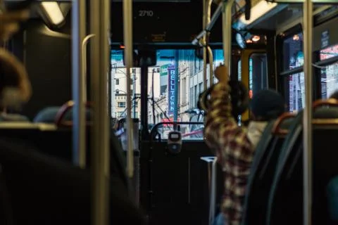 Interior of a public bus passing through the Belltown neighborhood in Seattle Stock Photos