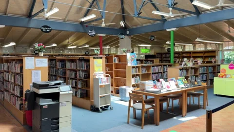 Interior public library with bookcases with books. Cape Town, South Africa Stock Footage 335274009