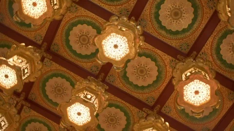 Interior Pull Shot of Touristic Buddha Tooth Relic Temple Ceiling in Singapore Stock Footage 109534876
