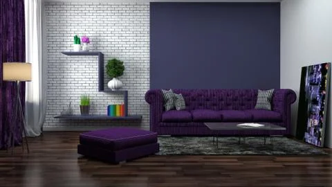 Interior with purple sofa. 3d illustration Stock Illustration