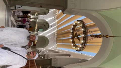 Interior of Quba Mosque with crystal chandeliers and beautiful inner circle Vídeos de archivo 256740824