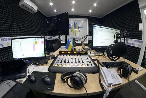 Interior of a radio studio with equipment set for broadcasting Stock Photos