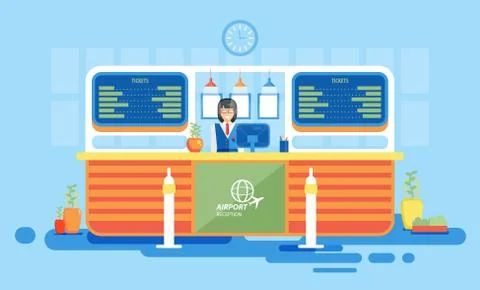 Interior, reception, information desk, getting ticket, reception desk at airport Stock Illustration