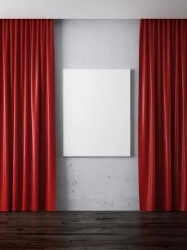 Interior with red curtains and blank frame 库存插图