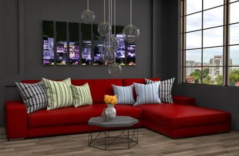 Interior with red sofa. 3d illustration Stock Illustration