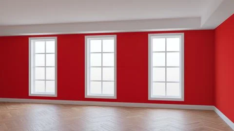Interior with Red Walls, Three Large Windows, Light Glossy Herringbone Parque Stock Illustration