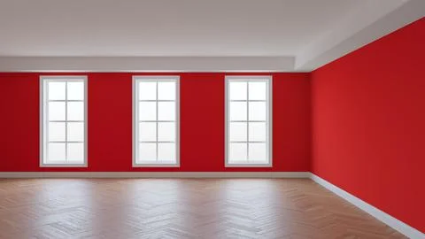 Interior with Red Walls, White Ceiling and Conrnice, Three Large Windows Stock Illustration