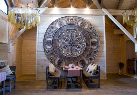 Interior of the restaurant in ethnographic style Stock Photos