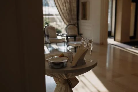 Interior of a restaurant. glasses with champagne. 스톡 사진