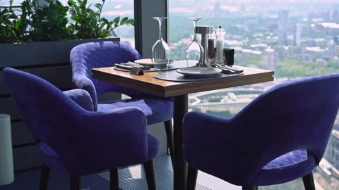 The interior of a restaurant on the top floors of a skyscraper. Stock Footage 255822500