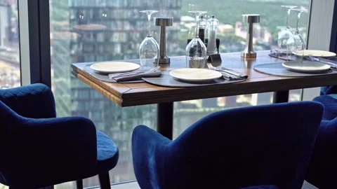 The interior of a restaurant on the top floors of a skyscraper. Stock Footage 255822523